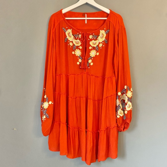 Free People Dresses & Skirts - Free People Orange Bohemian Floral Embroidered Dress